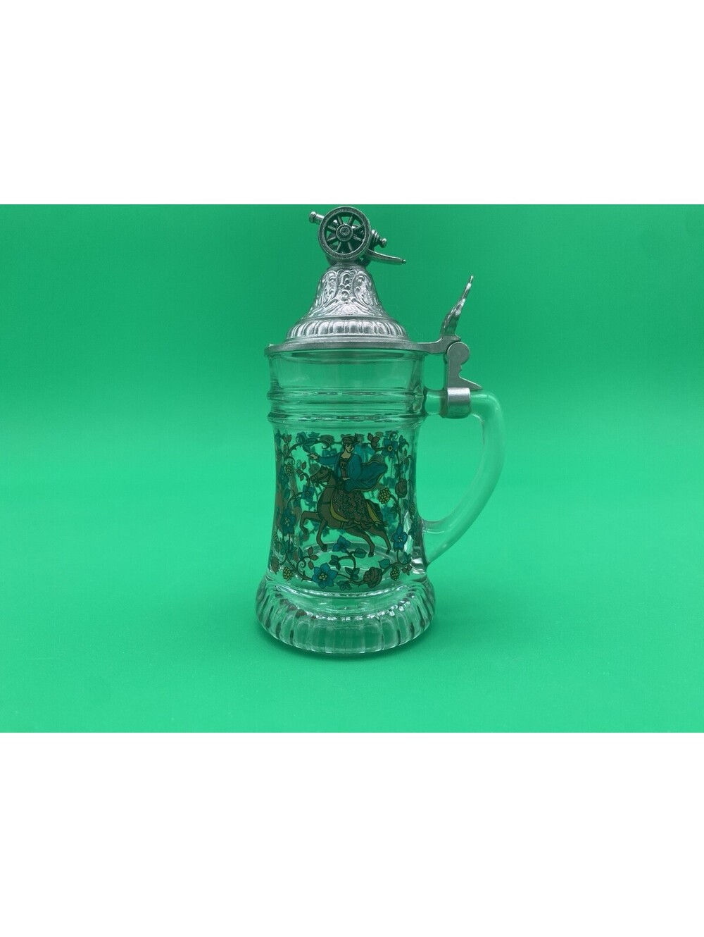 BMF Schnapskruger Vintage Clear Glass Miniature Stein w Cannon Themed Pewter Top